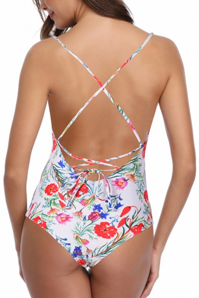 Womens New Trendy Floral Pattern V-Neck Crisscross Back White One Piece Swimsuit Swimwear