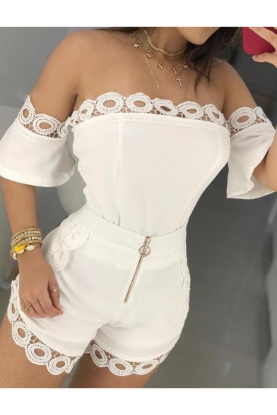 Womens New Trendy Hollow Out Hem Solid Color Off the Shoulder Short Sleeve Zipper Front Slim Romper