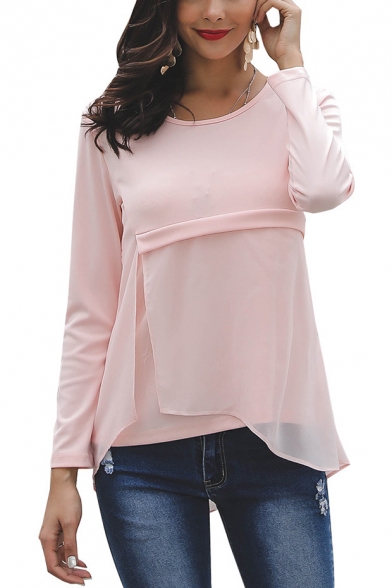 Womens Simple Plain Round Neck Long Sleeve Chiffon Patched Pink T-Shirt
