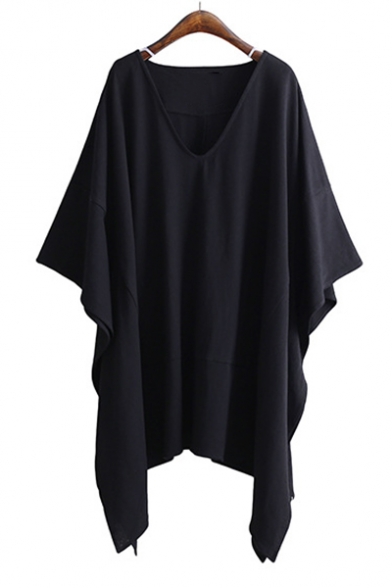 Womens Street Fashion Cool Basic Solid Color V-Neck Batwing Sleeve Black Oversized T-Shirt