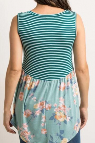 Womens Summer Green Stripe Floral Printed Sleeveless Loose Leisure Tank Top