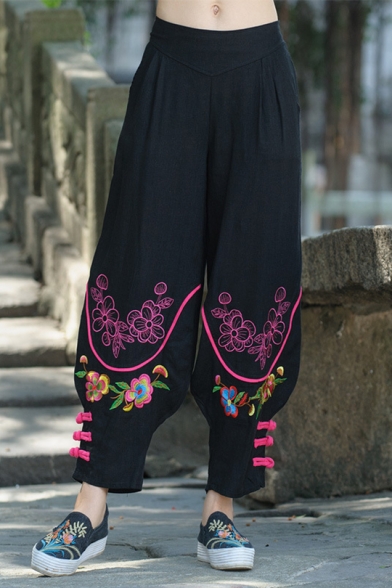 Womens Vintage Tribal Floral Embroidery Retro Frog Button Embellished Black Baggy Harem Pants