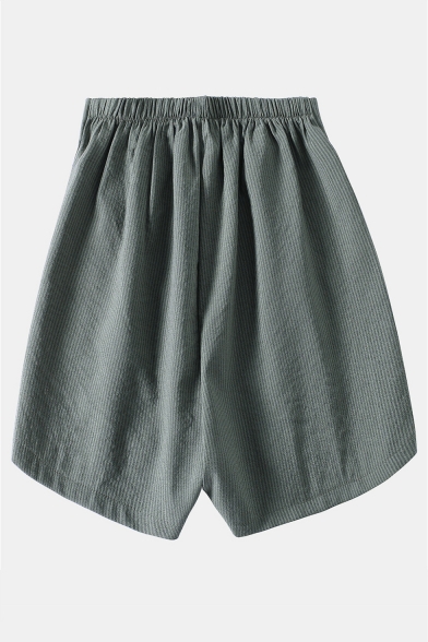 Army Green Fashion High Rise Elastic Waist Zipper Fly Wide-Leg Shorts for Women