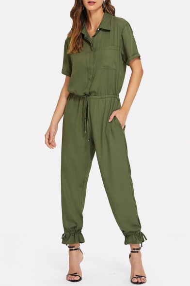 Army Green Simple Plain Button Front V-Neck Short Sleeve Drawstring Waist Casual Shirt Jumpsuits