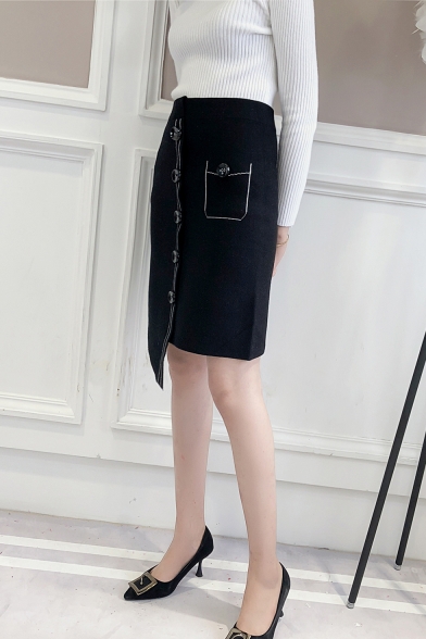 Black Chic Button Down Split High Rise Mini Knit Bodycon Asymmetrical Skirt