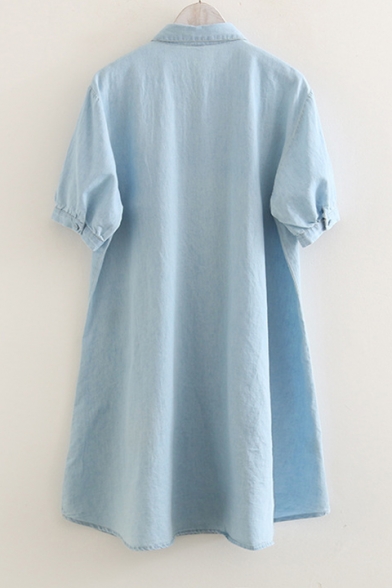 Cartoon House Embroidery Short Sleeve Light Blue Button Down Longline Shirt