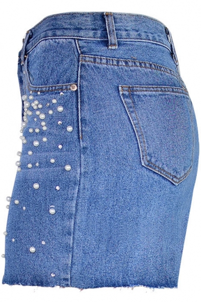 Chic Beading Embellished Frayed Hem Slit Front Mini Blue Denim Skirt