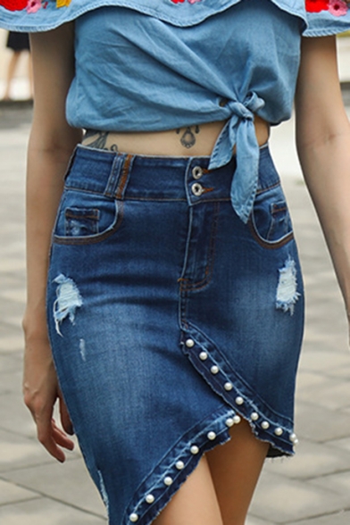 Chic Beading Embellished Ripped Detail Dark Blue Mini Bodycon Asymmetrical Denim Skirt