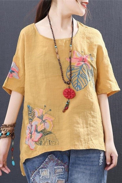 Chic Tribal Floral Embroidery Round Neck High Low Hem Relaxed Cotton T-Shirt