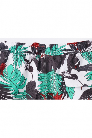 Cool Drawstring Men's Tropical Leaf Print Swim Shorts Trunks with Mesh Lining