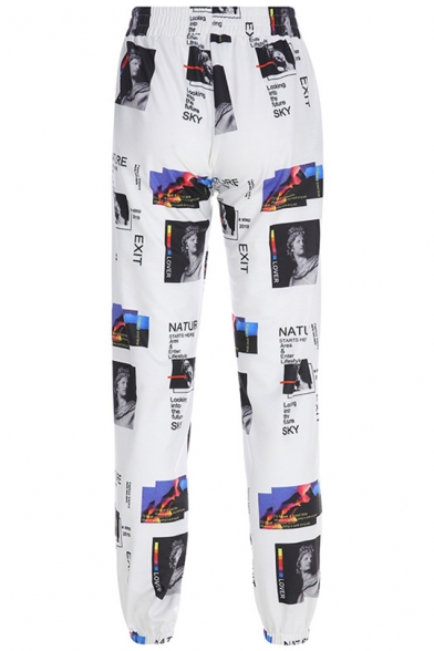 Cool Illustration Printed Womens Street Style White Track Pants