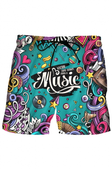 Cool Letter MUSIC Cartoon Pattern Drawstring Waist Casual Blue Dry-Fit Shorts