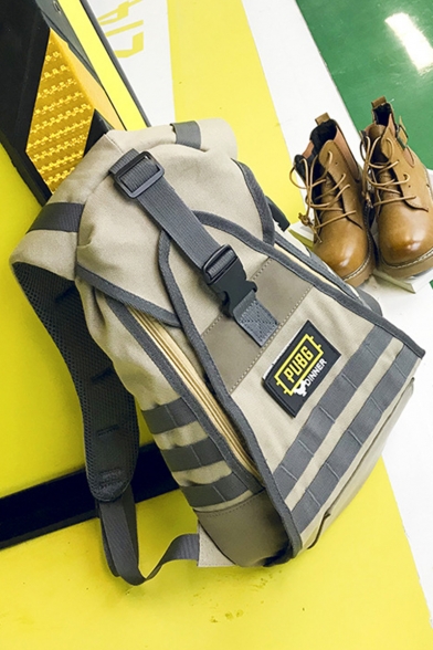 Cool Letter Tape Patched Outdoor Multifunction Khaki Tactics Bags with USB Charger Backpack 31*12*45 CM