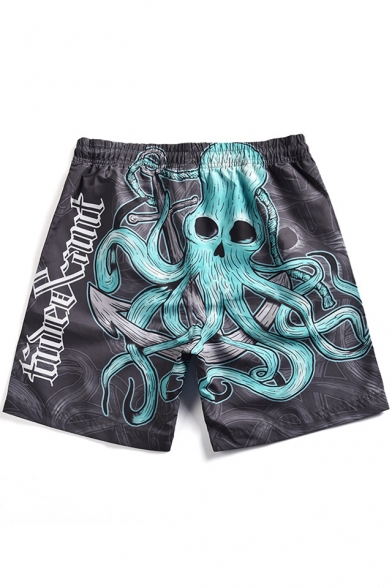 Cool Skull Octopus Printed Men's Grey Quick Drying Beach Swim Trunks