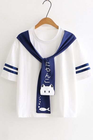 Cute Cartoon Cat Fish Tied Round Neck Short Sleeve Loose Fit T-Shirt