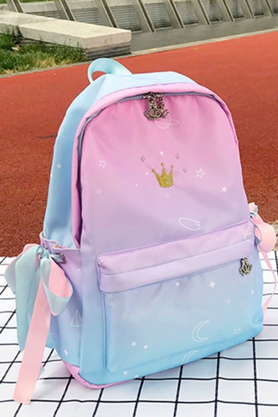 Cute Crown Embroidery Ombre Printed Bow Tie Detail School Bag Backpack 28*11*39 CM