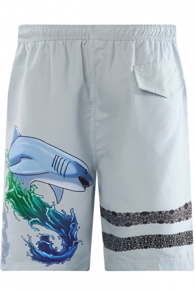 Cute Elastic Shark Swim Trunks for Men with Mesh Lining and Pockets
