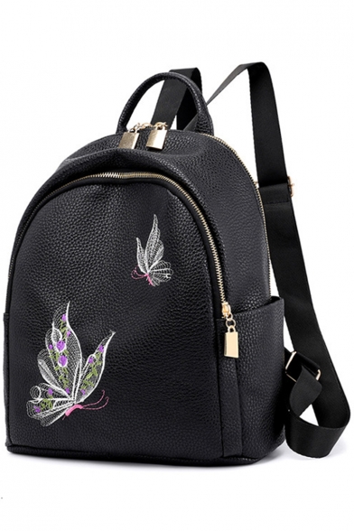 Elegant Butterfly Embroidery Black PU Leather Backpack 26*14*30 CM
