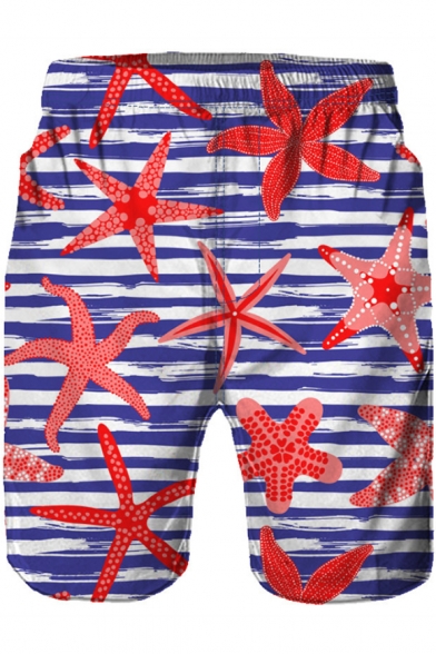 Fashion Blue Stripe Floral Printed Summer Beach Swim Shorts for Men
