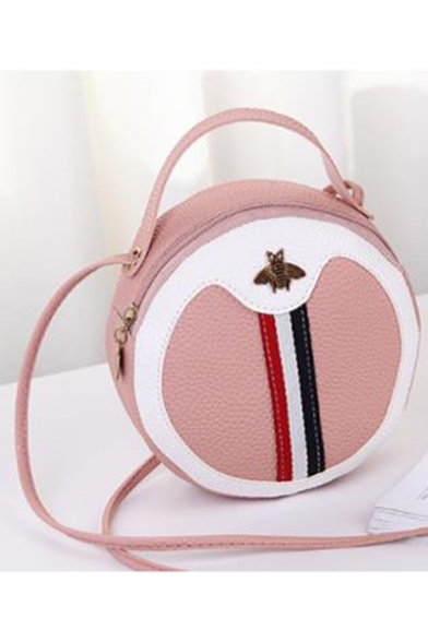 Fashion Color Block Stripe Patched Bee Embellishment Portable Round Crossbody Bag 17*7*17 CM
