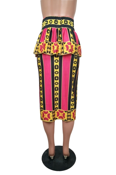 Fashion Pink Tribal Printed Peplum High Rise Midi Pencil Skirt