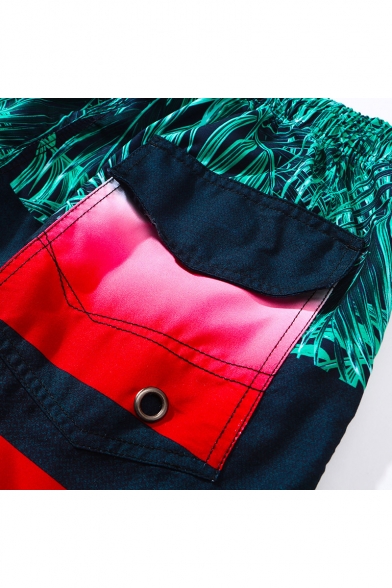 Fashion Tropical Plants Printed Drawstring Waist Mens Beach Swim Shorts with Liner
