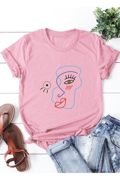 Funny Abstract Figure Face Printed Basic Round Neck Short Sleeve Cotton Tee