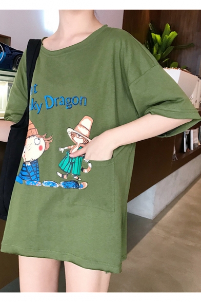 Girls Summer Cartoon Character Letter DRAGON Print Round Neck Oversized T-Shirt