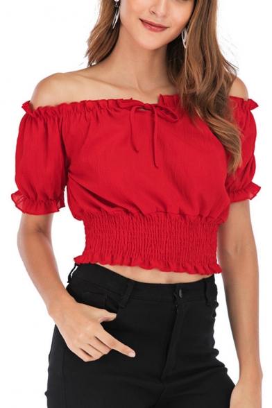 Girls Summer Holiday Sexy Off the Shoulder Short Sleeve Ruffled Hem Cropped T-Shirt Top