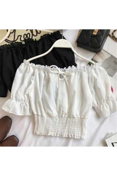 Girls Summer Holiday Sexy Off the Shoulder Short Sleeve Ruffled Hem Cropped T-Shirt Top