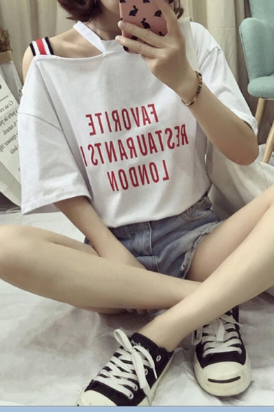 Girls Unique Stripe Strap Cold Shoulder Short Sleeve Letter Printed Loose Fit T-Shirt
