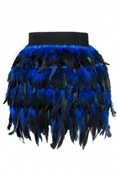 Luxury Peacock Ombre Feather High Waist Dance Mini Skirt for Women