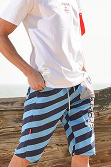 Mens Fashion Drawstring Waist Striped Letter SPORTS Cotton Lounge Shorts Beach Swim Shorts