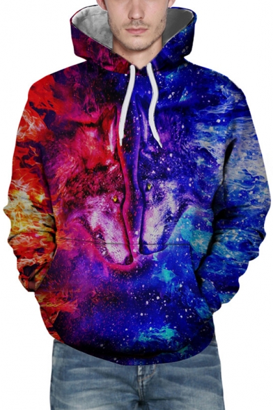 New Fashion Blue and Red Fire Wolf Printed Sport Loose Unisex Hoodie