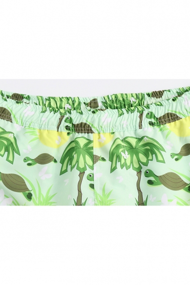 New Fashion Cute Cartoon Turtle Print Men's Cyan Beach Swimwear Swim Trunks with Lining
