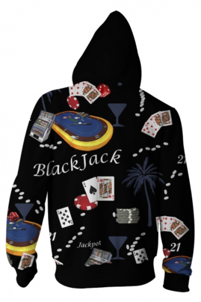 New Popular Letter Black Jack Poker Card Printed Black Zip Up Hoodie