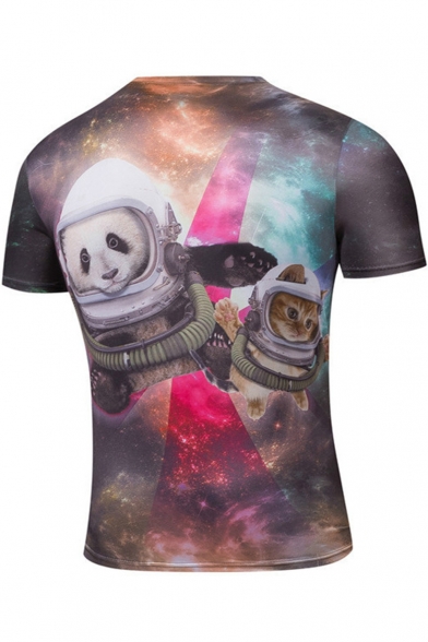 New Trendy 3D Galaxy Cartoon Cat and Panda Printed Basic Round Neck Short Sleeve T-Shirt For Men
