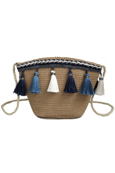 Popular Plain Tassel Embellishment Straw Crossbody Beach Bag 14*8*16 CM