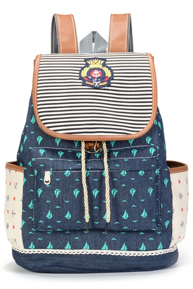 Popular Stripe Printed Blue Canvas Drawstring Backpack with Side Pockets 40*39*18 CM