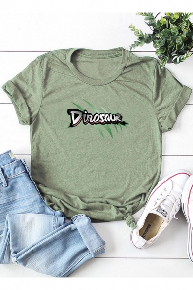 Simple Letter DINOSAUR Printed Short Sleeve Round Neck Cotton Loose Tee