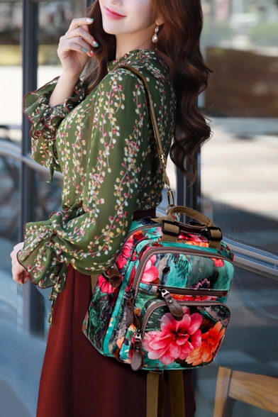 Stylish Green and Red Floral Printed Large Capacity Satchel Backpack 26*11*27 CM