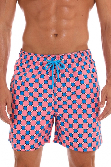 Stylish Pink Check Printed Drawstring Waist Mens Casual Board Shorts Swim Trunks