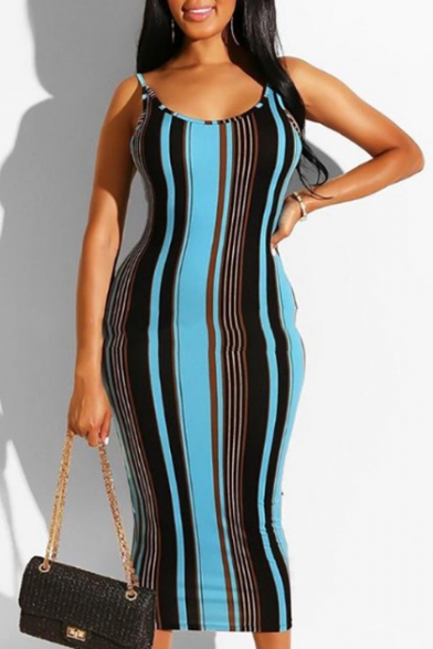 Summer Color Block Stripe Sleeveless Open Back Slip Maxi Dress