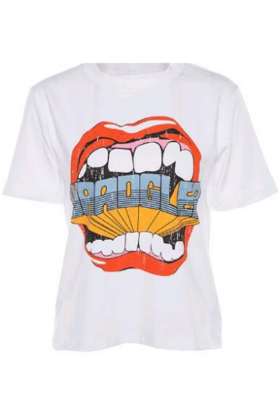 Summer Cool Funny Big Mouth Printed Round Neck Short Sleeve White Relaxed T-Shirt