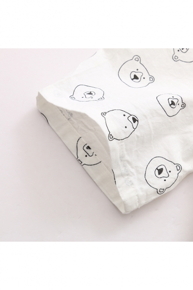 Summer Cute Cartoon Bear Printed Short Sleeve Linen White A-Line Shirt Dress