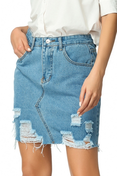Summer Fashion Destroyed Ripped Frayed Hem Mini Blue Pencil Skirt Denim Jean Skirt