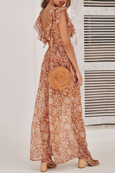 Summer Holiday Chic Floral Printed Ruffled V-Neck Casual Wide-Leg Jumpsuits