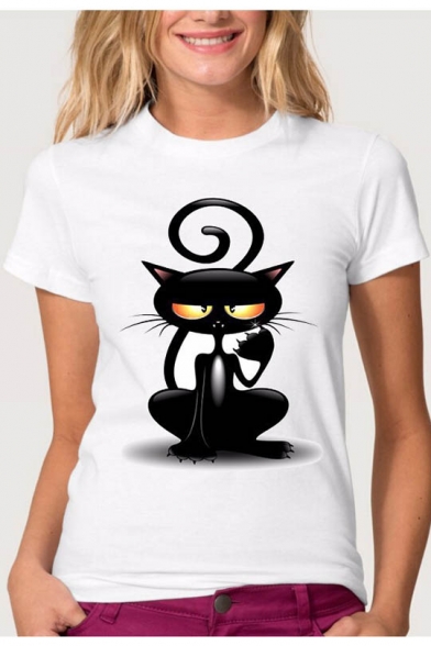 Summer Hot Popular Cute Cartoon Black Cat Printed Short Sleeve White Casual Tee
