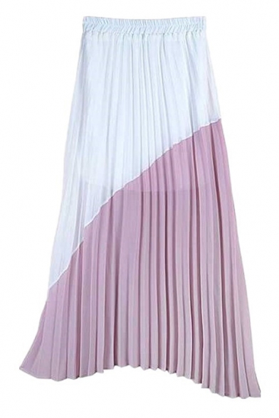 Summer New Fancy Colorblock Patchwork Maxi Pleated Chiffon Skirt