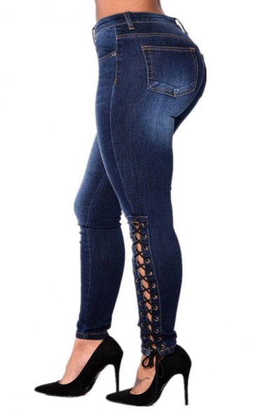 Summer New Fashion Dark Blue Lace-Up Side Womens Skinny Fit Jeans